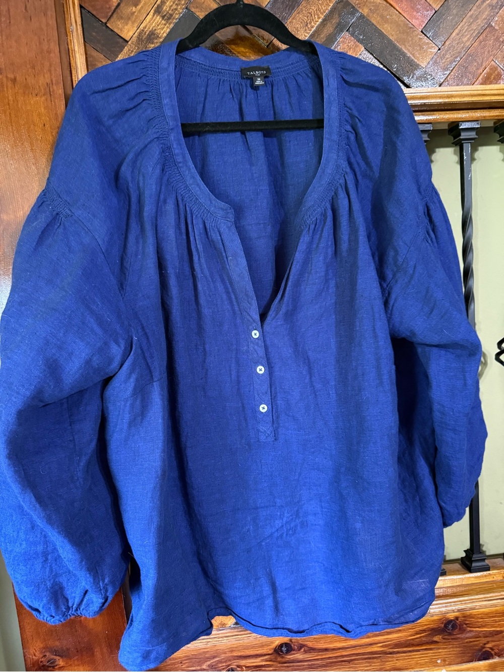 Talbots Blue Linen Scoop-Neck Peasant Top